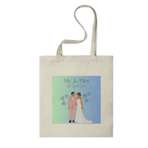 Bolsa para regalar a invitados. Sublimada con dibujo de recién casados