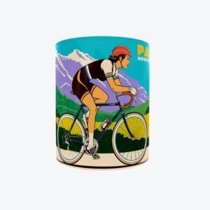 Taza con imagen de una mujer ciclista con paisaje montañoso de Pau