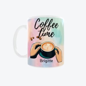 Taza con texto "coffee time" y fondo colorido